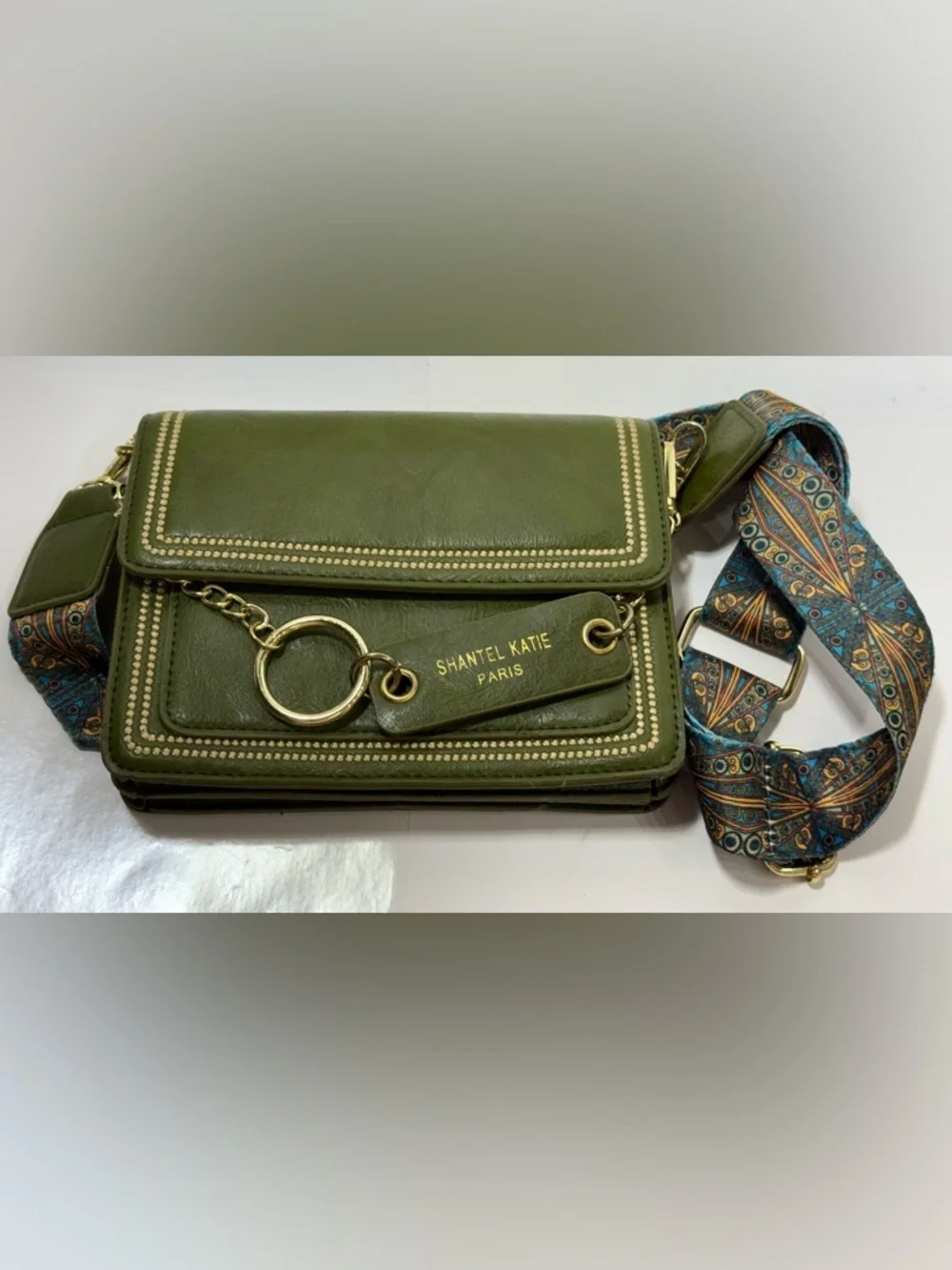 Olive Green faux Leather Crossbody Bag w/ gold embellishment and guitar strap